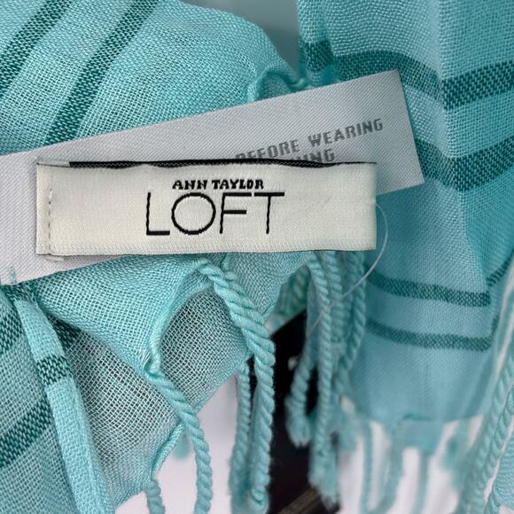LOFT Teal Scarf Wrap NWT Lightweight Fringe 100% Viscose 23x70 Made in India - Picture 5 of 8